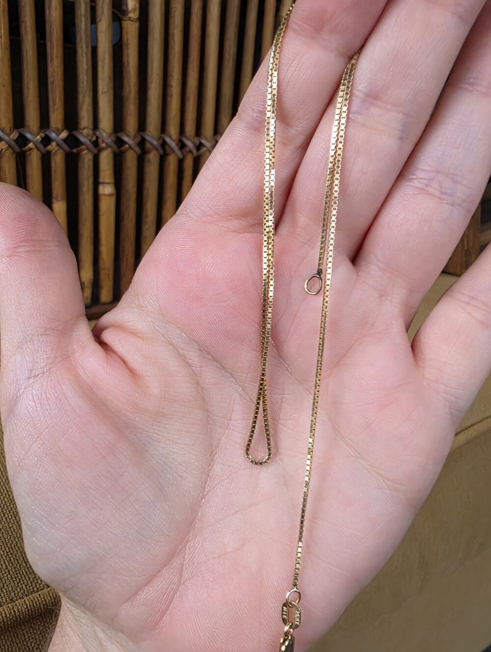 14k solid gold box chain. Stamped 14k NIE for makers mark. Approximately 16 inch